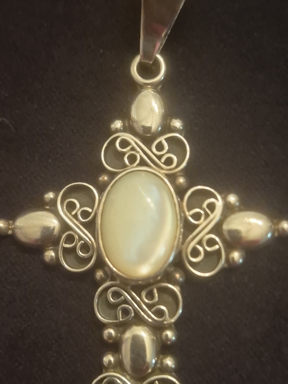 Sterling Silver Cross Pendant with White Oval Stone